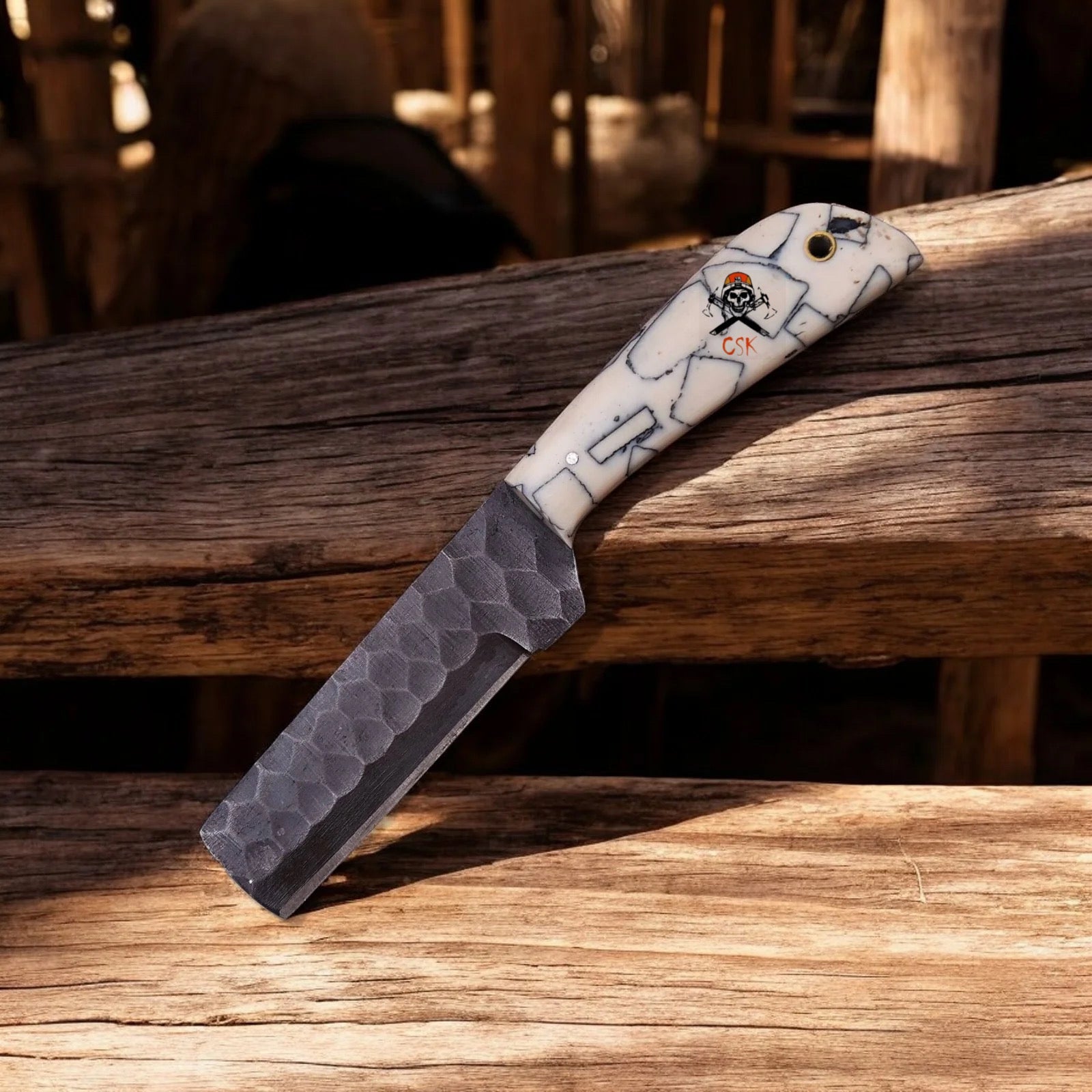 Handmade Bull Cutter Knife with High Carbon Steel Blade & Epoxy Resin Handle - PhishStones Products