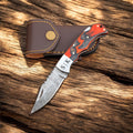 Handmade Damascus Steel Pocket Knife – Pakka Wood Handle Folding Knife with Leather Sheath - PhishStones Products