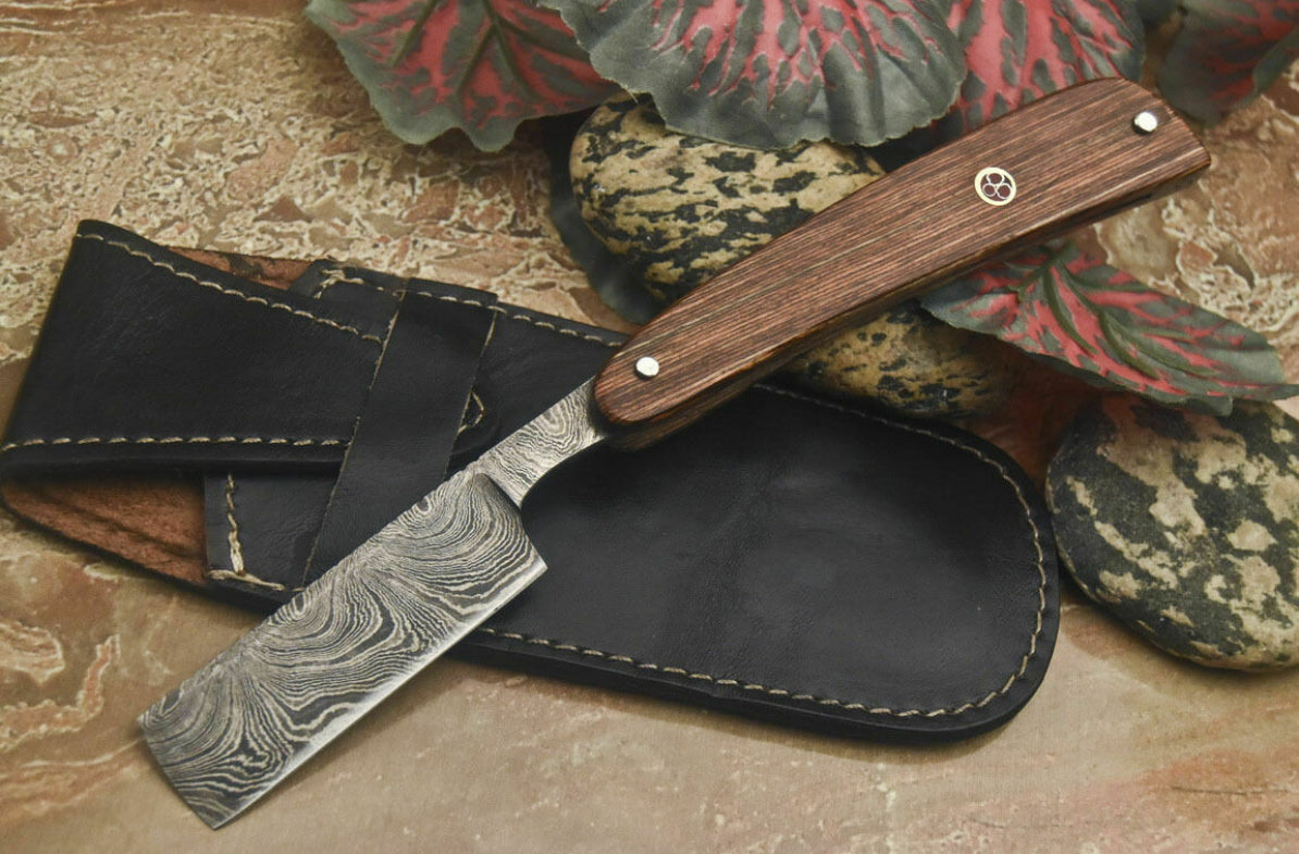 Handmade Damascus Steel Razor With Leather Sheath - PhishStones Products