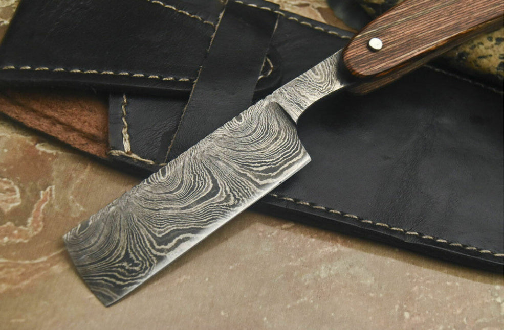 Handmade Damascus Steel Razor With Leather Sheath - PhishStones Products