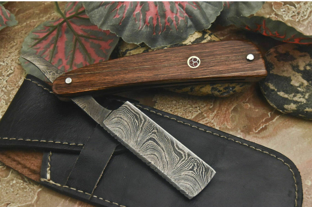 Handmade Damascus Steel Razor With Leather Sheath - PhishStones Products