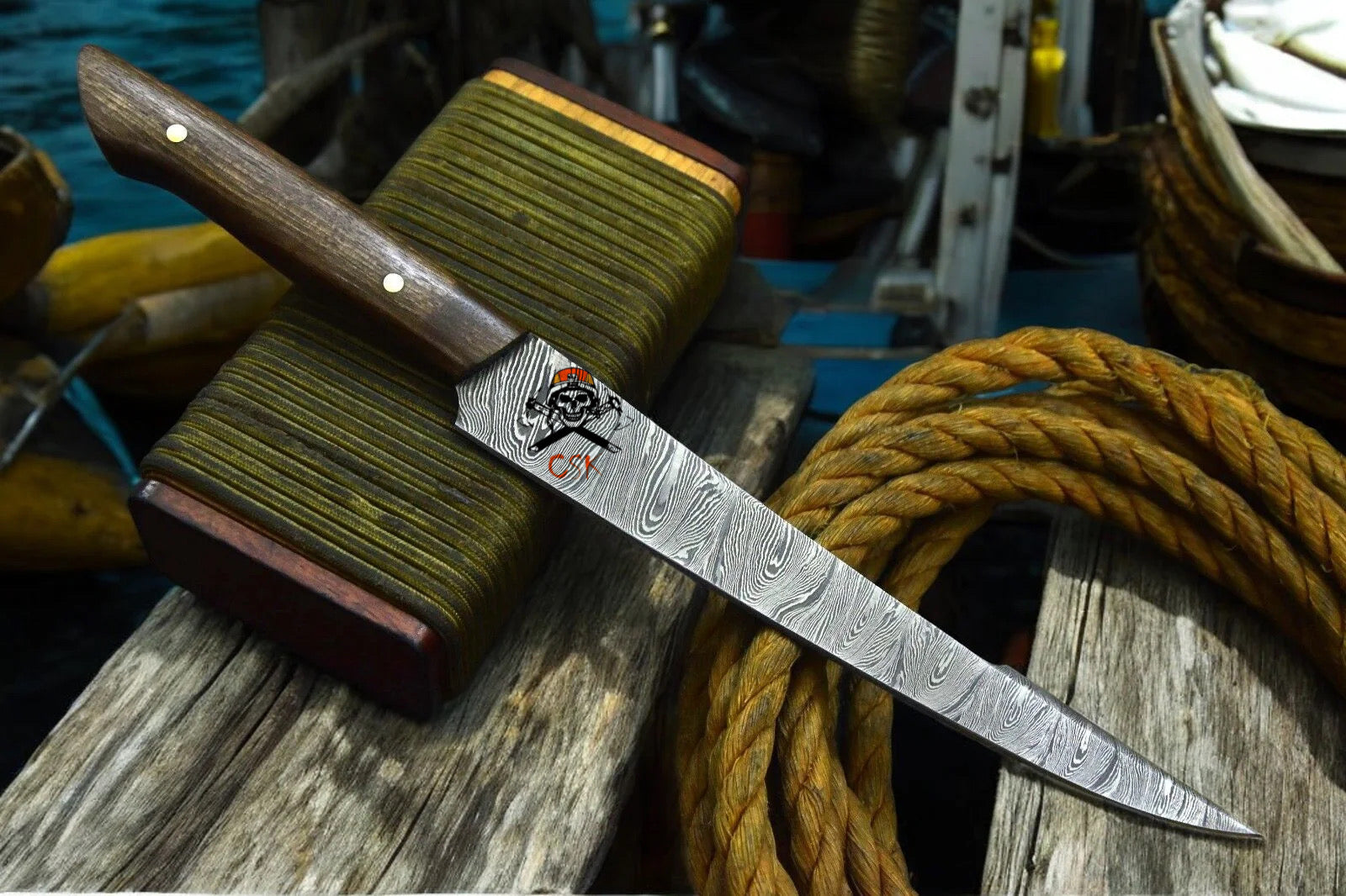 Handmade Personalized Damascus Fillet Knife with Rosewood Handle - PhishStones Products