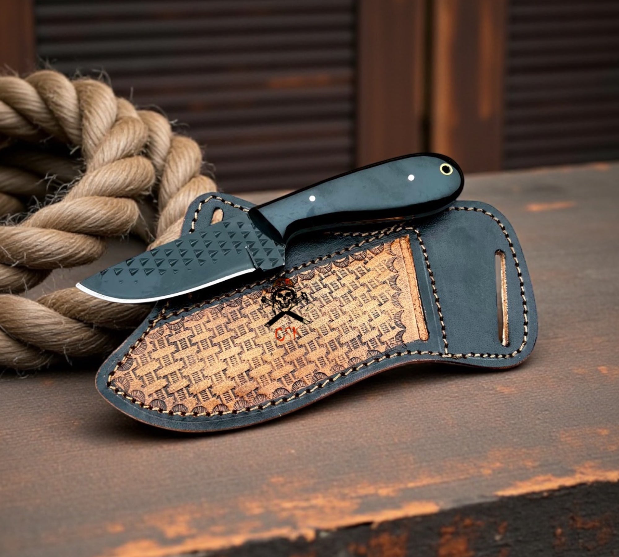 Handmade Western Cowboy Belt Knife - 4” Black Powder Coated Rasp Steel Blade - PhishStones Products