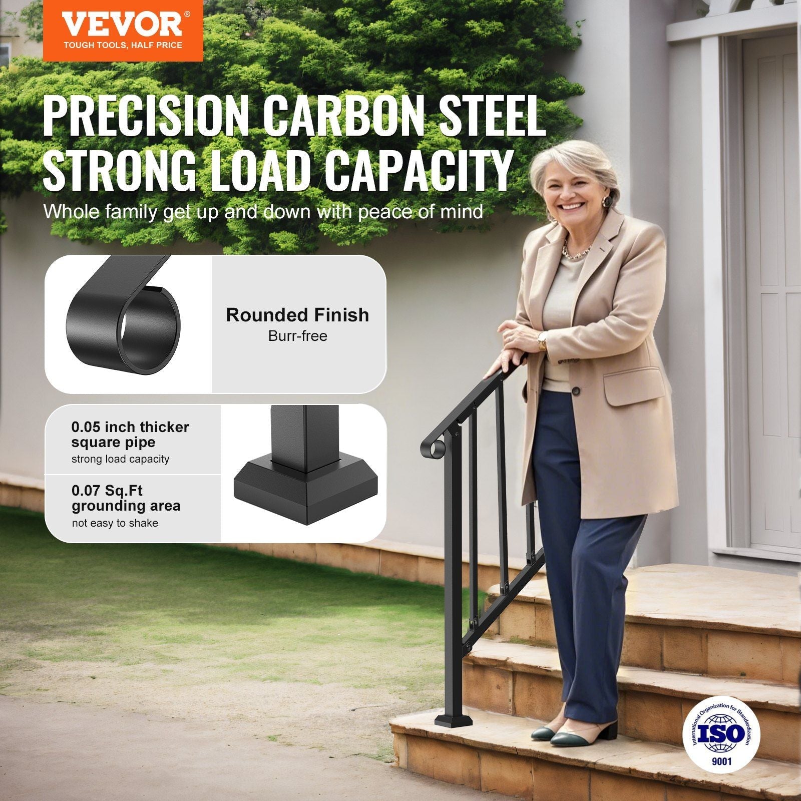 Handrails for Outdoor Steps, 2 - 3 Step Stair Hand Rail Kit, Transitional Carbon Steel Railings with Installation Kit, Stair Rails for Seniors, Concrete Steps & Porch & Deck, Black Retro Arch - PhishStones Products