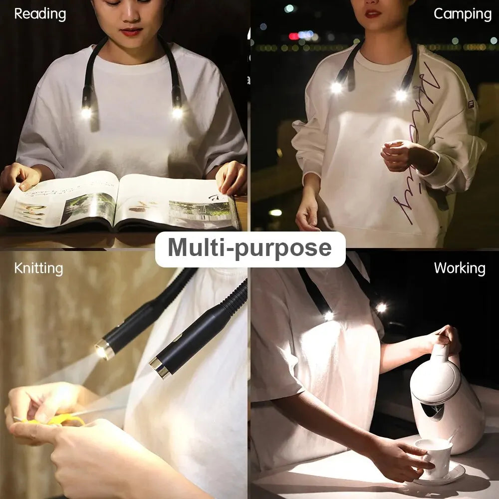 Hands - Free Neck Reading Light USB Rechargeable Flexible LED Book Light 3 - Color 3 - Brightness Portable for Reading Knitting Camping - PhishStones Products