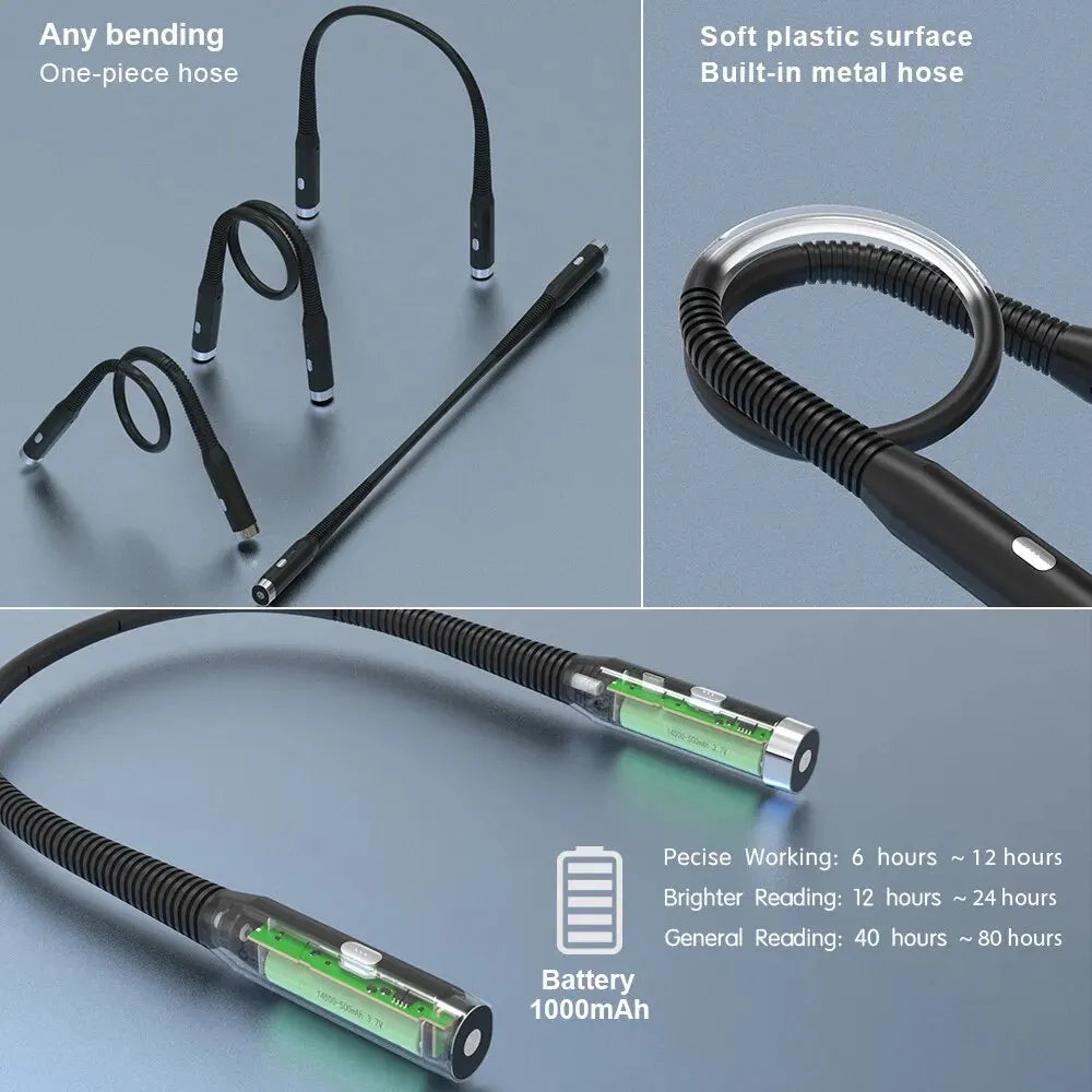 Hands - Free Neck Reading Light USB Rechargeable Flexible LED Book Light 3 - Color 3 - Brightness Portable for Reading Knitting Camping - PhishStones Products