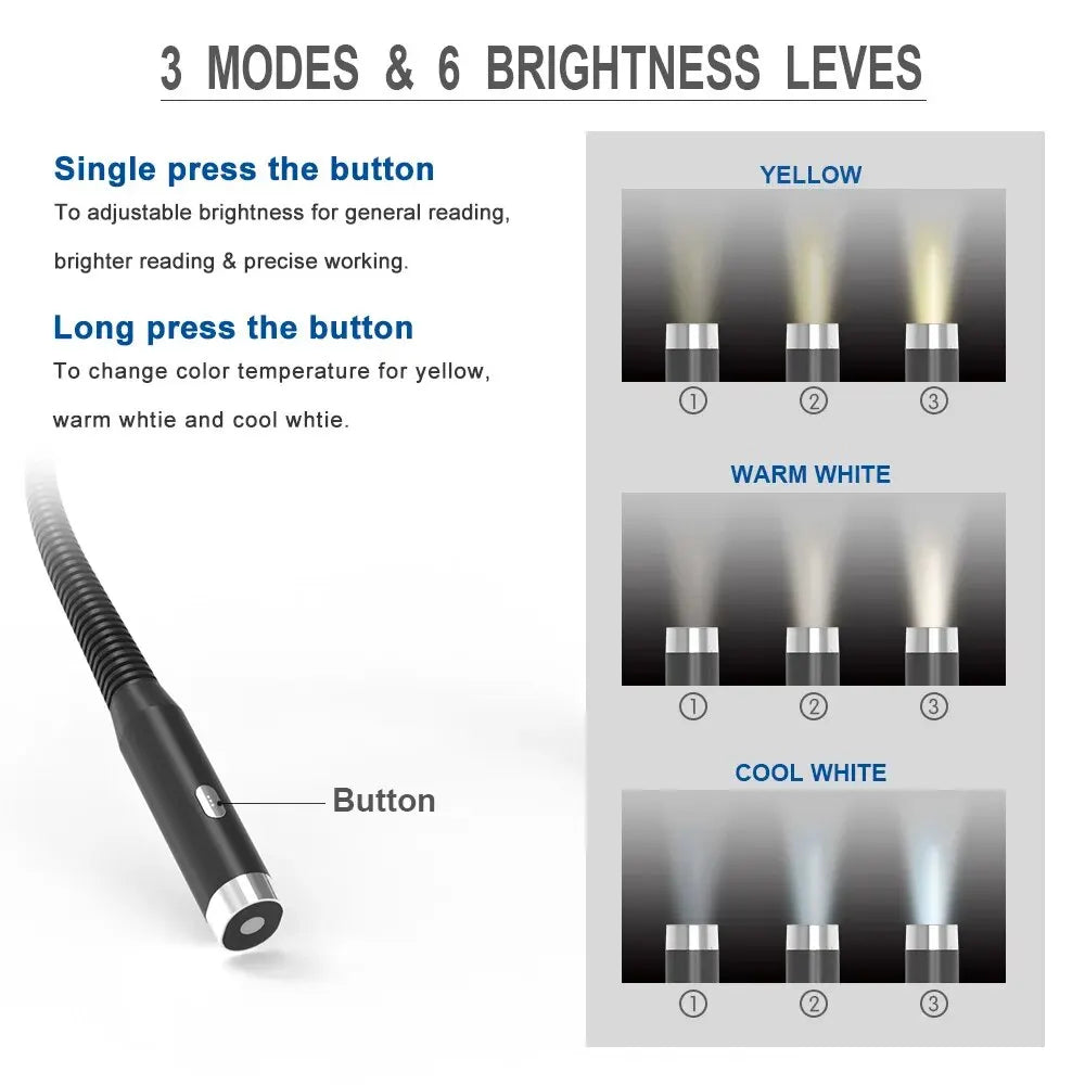 Hands - Free Neck Reading Light USB Rechargeable Flexible LED Book Light 3 - Color 3 - Brightness Portable for Reading Knitting Camping - PhishStones Products