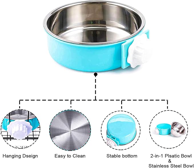 HERCOCCI Dog Crate Bowl, Removable Stainless Steel Pet Kennel Cage Hanging Food Bowls and Water Feeder Coop Cup Prevent Overflow for Puppy, Medium Dog, Cat, Rabbit, Ferret - PhishStones Products