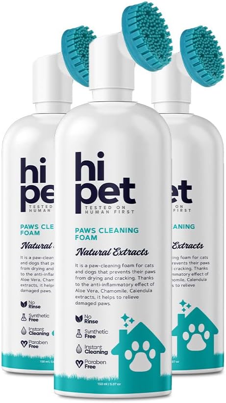 Hi Pet Dog Paw Cleaner Foam with Built - in Paw Scrubber Brush, Paw Cleaner for Dogs and Cats, Cat and Dog Paw Moisturizer, Effortless and Easy - to - Use Bottle Design Dog Feet Cleaner (Pack of 3) - PhishStones Products