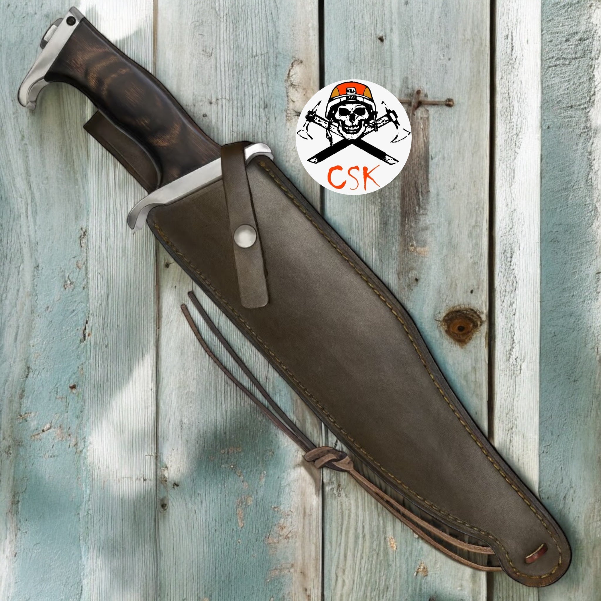 Hibben III Handmade Knife - Leather Sheath - Stainless Steel Blade, Wooden Handle - Length 17 - PhishStones Products