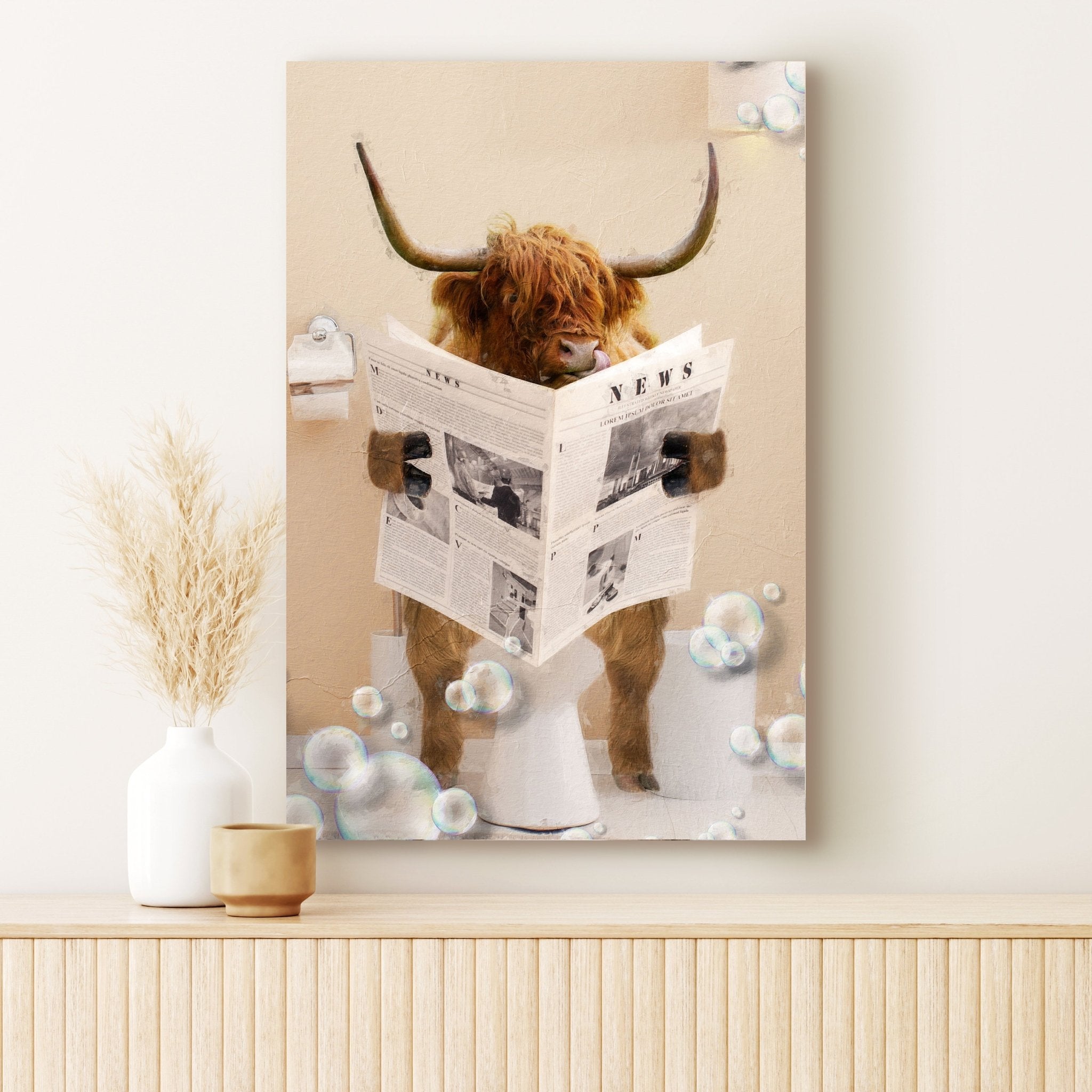 Highland Cow Reading Newspaper Canvas Wall Art - PhishStones Products