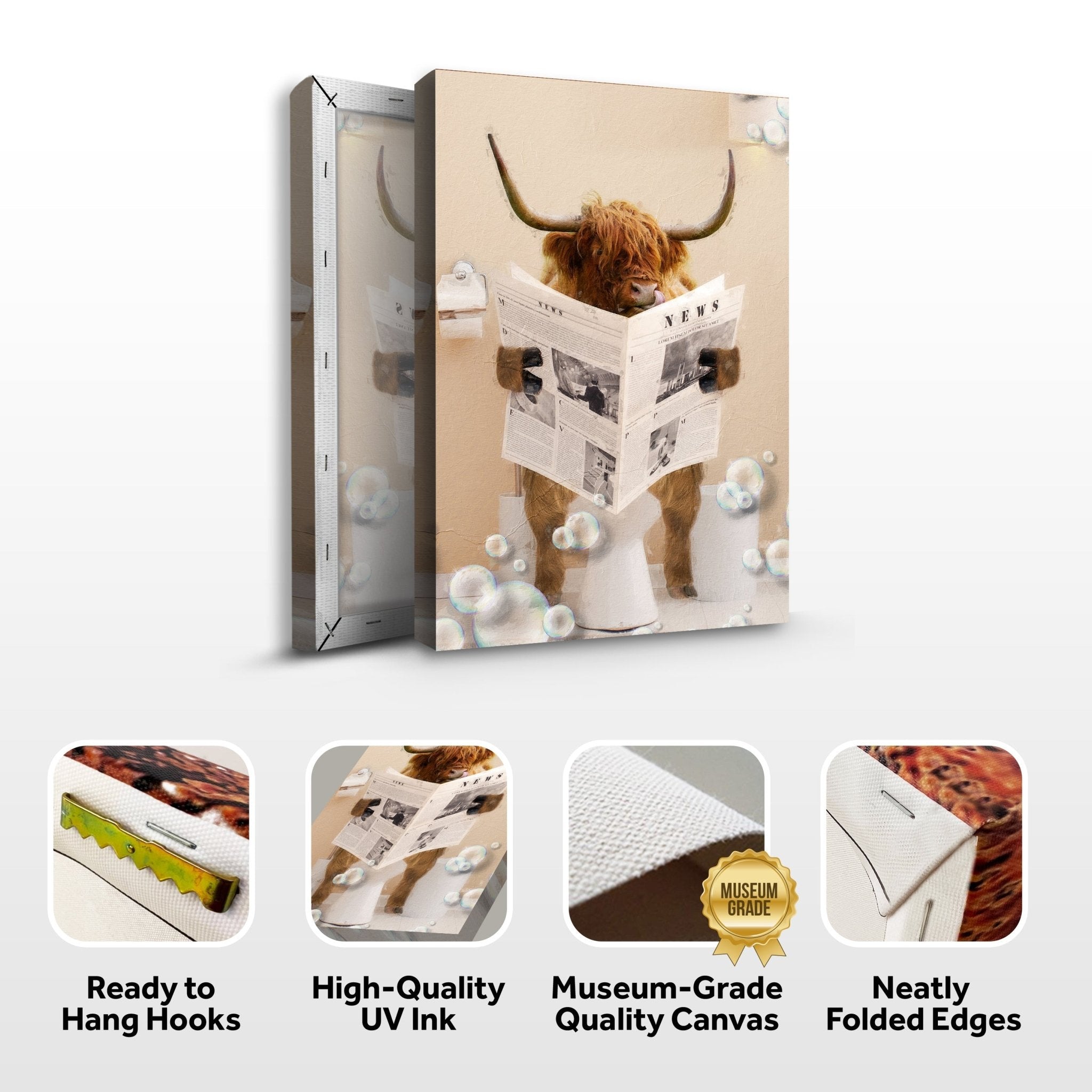 Highland Cow Reading Newspaper Canvas Wall Art - PhishStones Products