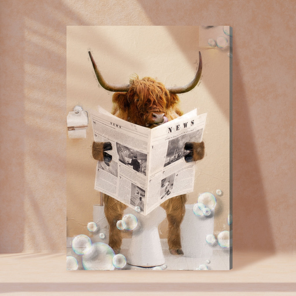 Highland Cow Reading Newspaper Canvas Wall Art - PhishStones Products