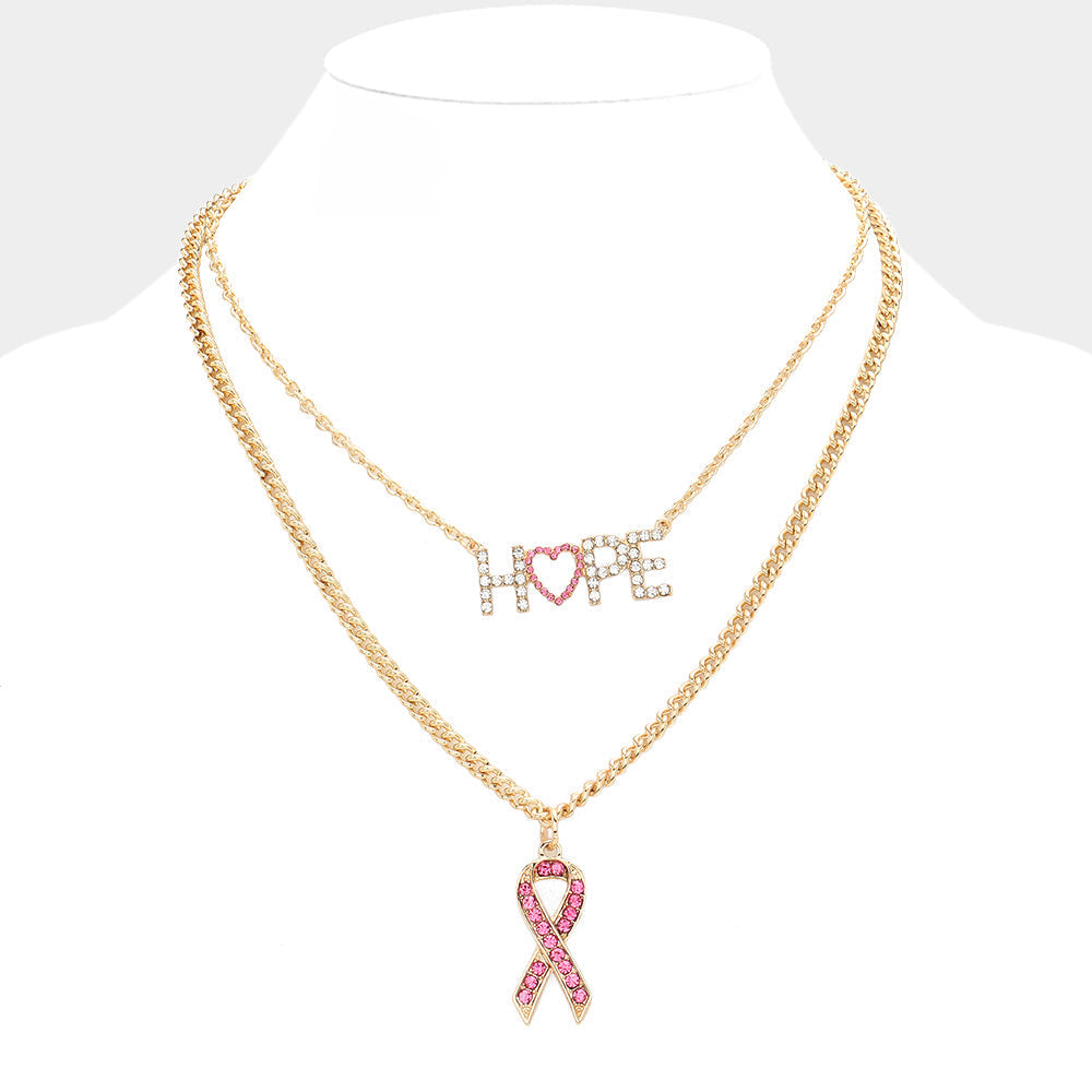 Hope Message Pink Ribbon Pendant Double Layered Necklace
