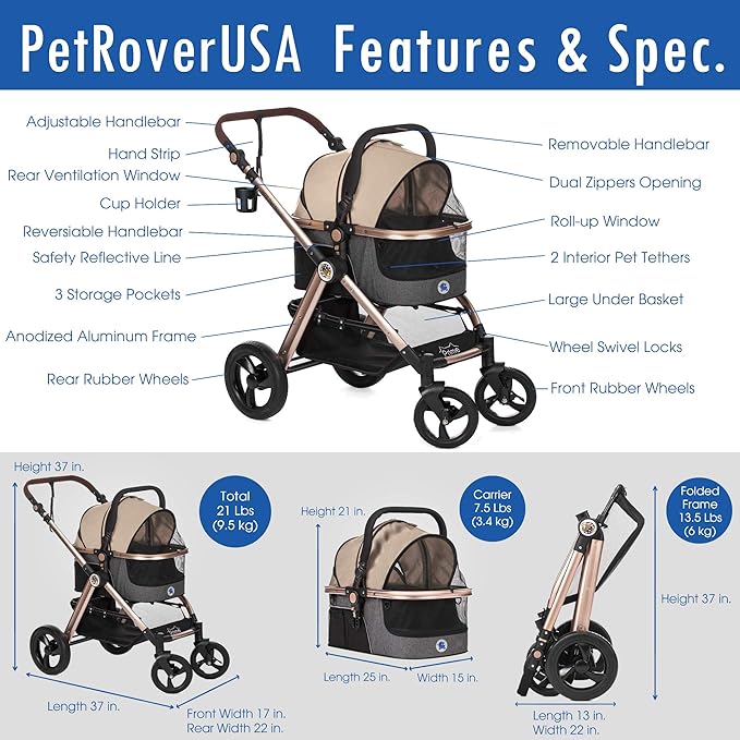 HPZ Pet Rover Prime 3 - in - 1 Luxury Dog/Cat Stroller (Travel Carrier +Car Seat +Stroller) with Detach Carrier/Pump - Free Rubber Tires/Aluminum Frame/Reversible Handle for Medium & Small Pets (Taupe) - PhishStones Products