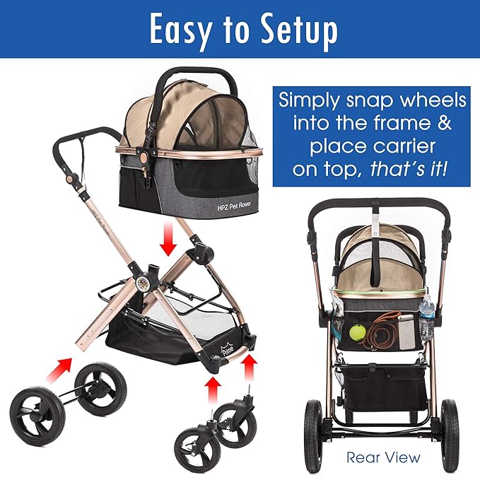 HPZ Pet Rover Prime 3 - in - 1 Luxury Dog/Cat Stroller (Travel Carrier +Car Seat +Stroller) with Detach Carrier/Pump - Free Rubber Tires/Aluminum Frame/Reversible Handle for Medium & Small Pets (Taupe) - PhishStones Products