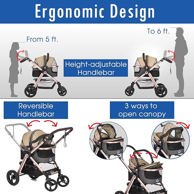 HPZ Pet Rover Prime 3 - in - 1 Luxury Dog/Cat Stroller (Travel Carrier +Car Seat +Stroller) with Detach Carrier/Pump - Free Rubber Tires/Aluminum Frame/Reversible Handle for Medium & Small Pets (Taupe) - PhishStones Products
