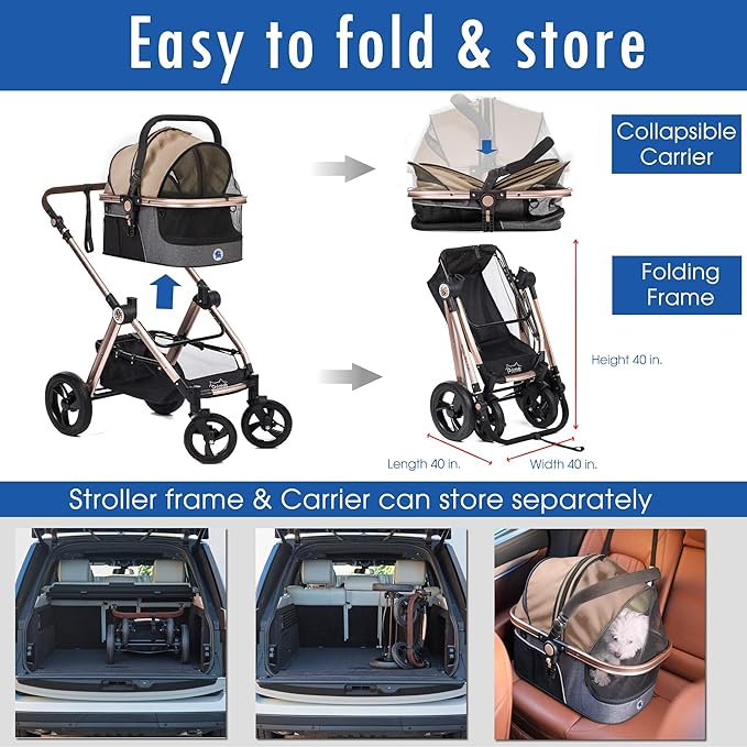 HPZ Pet Rover Prime 3 - in - 1 Luxury Dog/Cat Stroller (Travel Carrier +Car Seat +Stroller) with Detach Carrier/Pump - Free Rubber Tires/Aluminum Frame/Reversible Handle for Medium & Small Pets (Taupe) - PhishStones Products