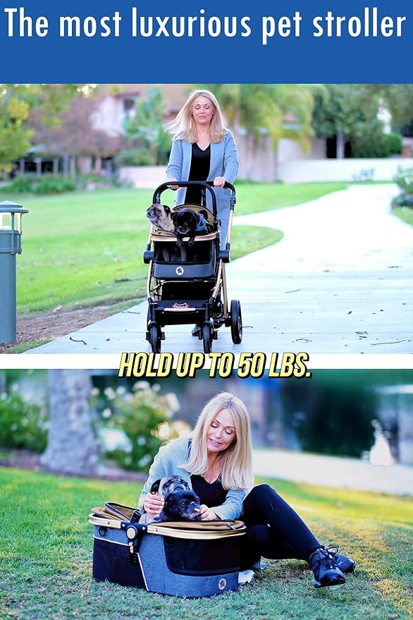 HPZ Pet Rover Prime 3 - in - 1 Luxury Dog/Cat Stroller (Travel Carrier +Car Seat +Stroller) with Detach Carrier/Pump - Free Rubber Tires/Aluminum Frame/Reversible Handle for Medium & Small Pets (Taupe) - PhishStones Products