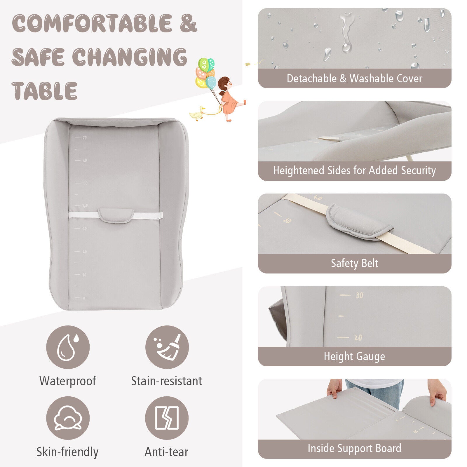 Baby Diaper Changing Table with Water Basin Wheel-Gray