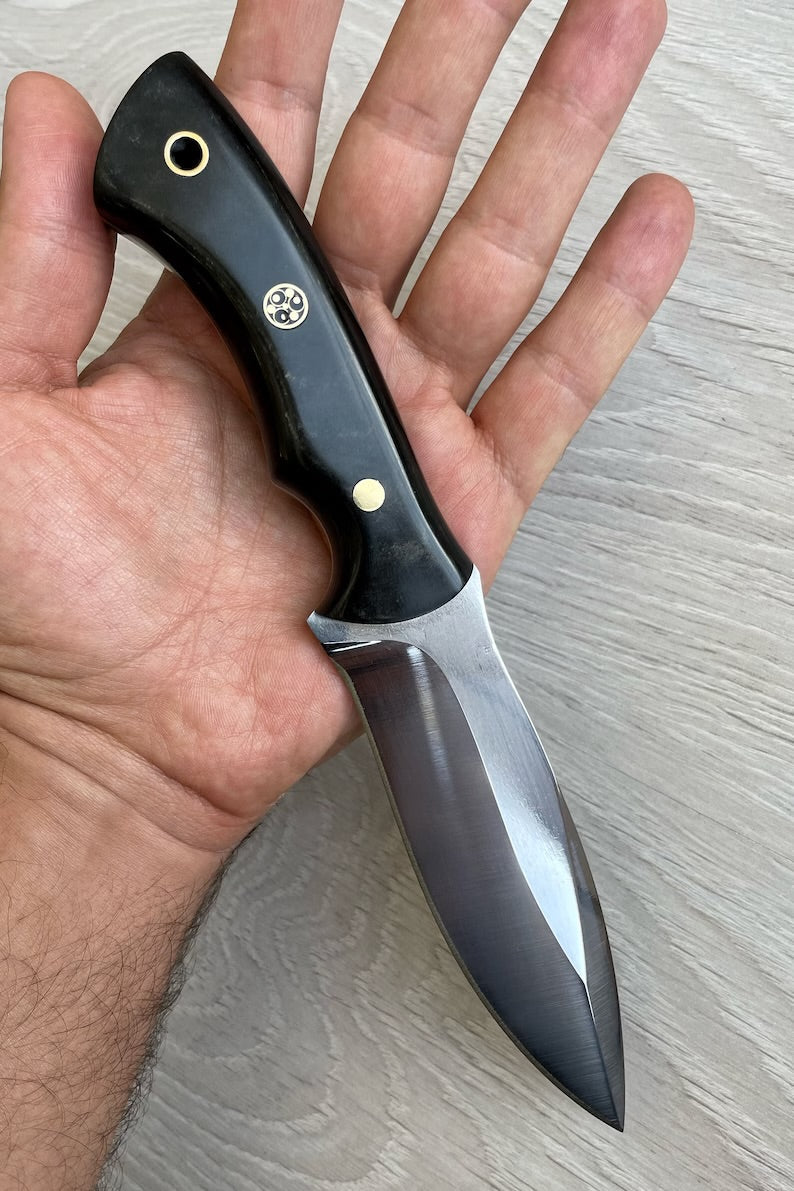 Hunting Knife 1095 Carbon Steel and Compact Buffalo horn Handle - Blacksmith Made Camping Knife - Bushcraft Knife - Survival Knife with Sheath - PhishStones Products