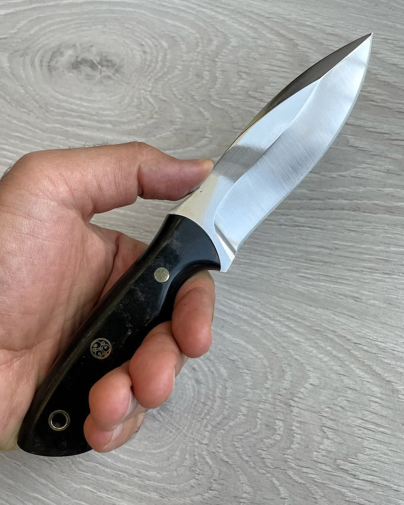 Hunting Knife 1095 Carbon Steel and Compact Buffalo horn Handle - Blacksmith Made Camping Knife - Bushcraft Knife - Survival Knife with Sheath - PhishStones Products