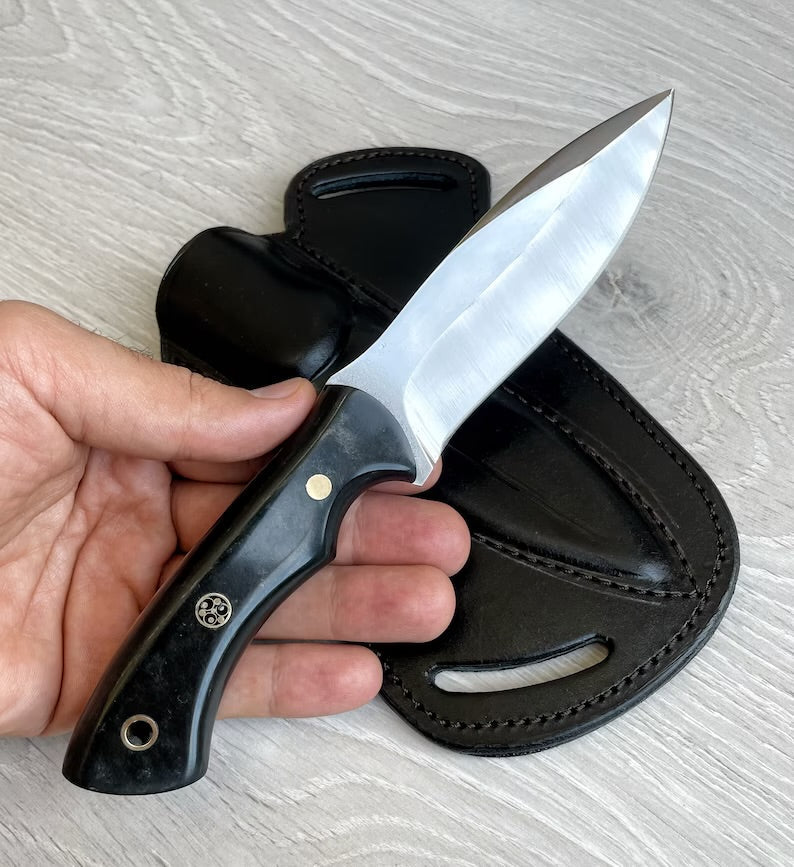 Hunting Knife 1095 Carbon Steel and Compact Buffalo horn Handle - Blacksmith Made Camping Knife - Bushcraft Knife - Survival Knife with Sheath - PhishStones Products