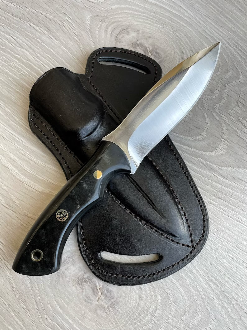 Hunting Knife 1095 Carbon Steel and Compact Buffalo horn Handle - Blacksmith Made Camping Knife - Bushcraft Knife - Survival Knife with Sheath - PhishStones Products