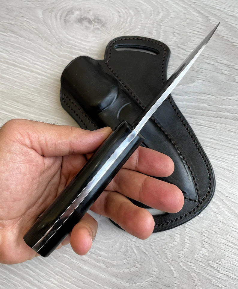 Hunting Knife 1095 Carbon Steel and Compact Buffalo horn Handle - Blacksmith Made Camping Knife - Bushcraft Knife - Survival Knife with Sheath - PhishStones Products