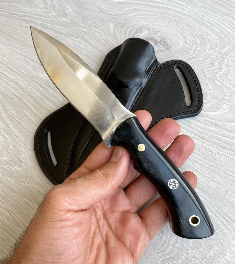 Hunting Knife 1095 Carbon Steel and Compact Buffalo horn Handle - Blacksmith Made Camping Knife - Bushcraft Knife - Survival Knife with Sheath - PhishStones Products