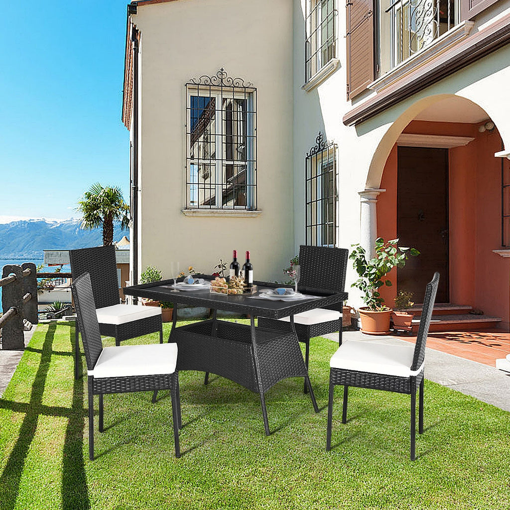 5-Piece Rattan Patio Dining Set with Glass Top & Cushions