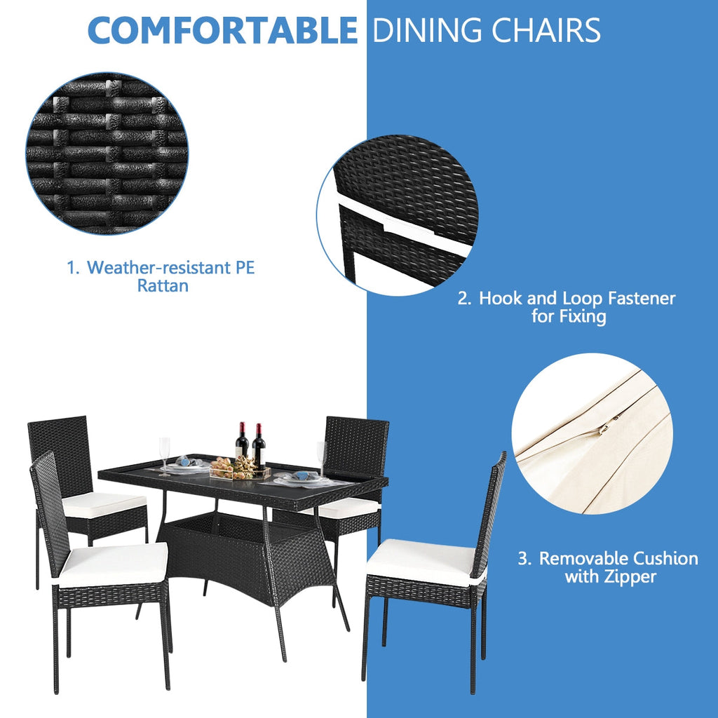 5-Piece Rattan Patio Dining Set with Glass Top & Cushions