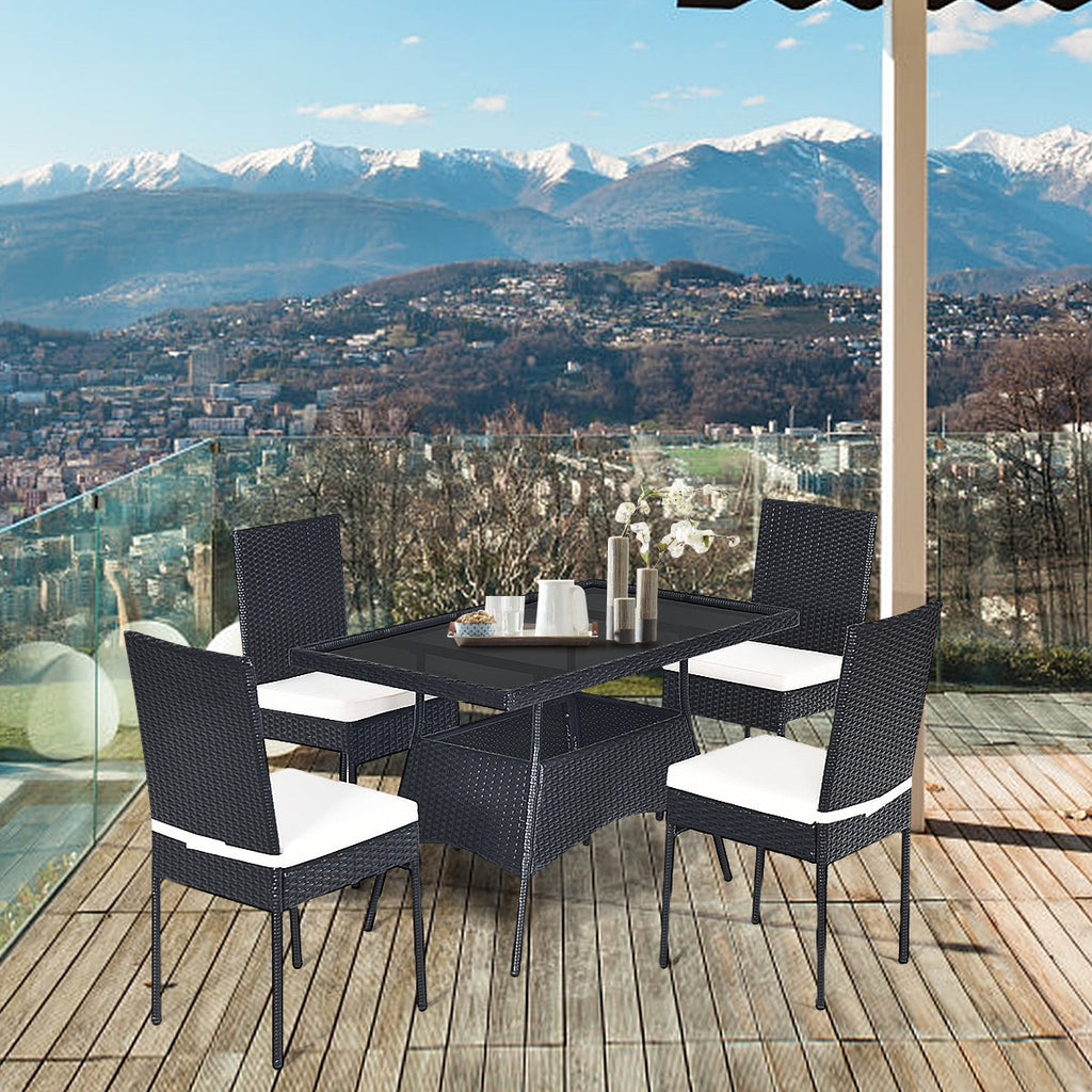 5-Piece Rattan Patio Dining Set with Glass Top & Cushions