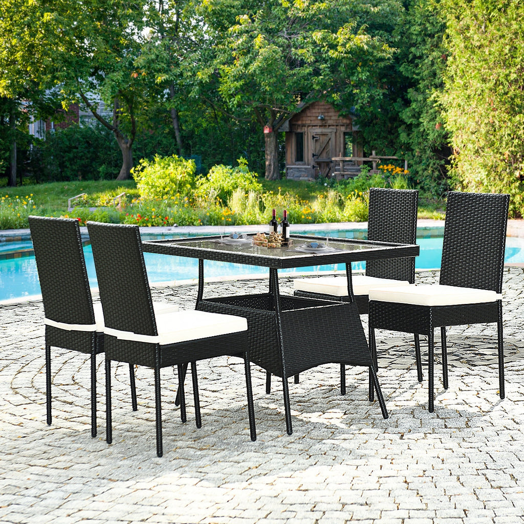 5-Piece Rattan Patio Dining Set with Glass Top & Cushions