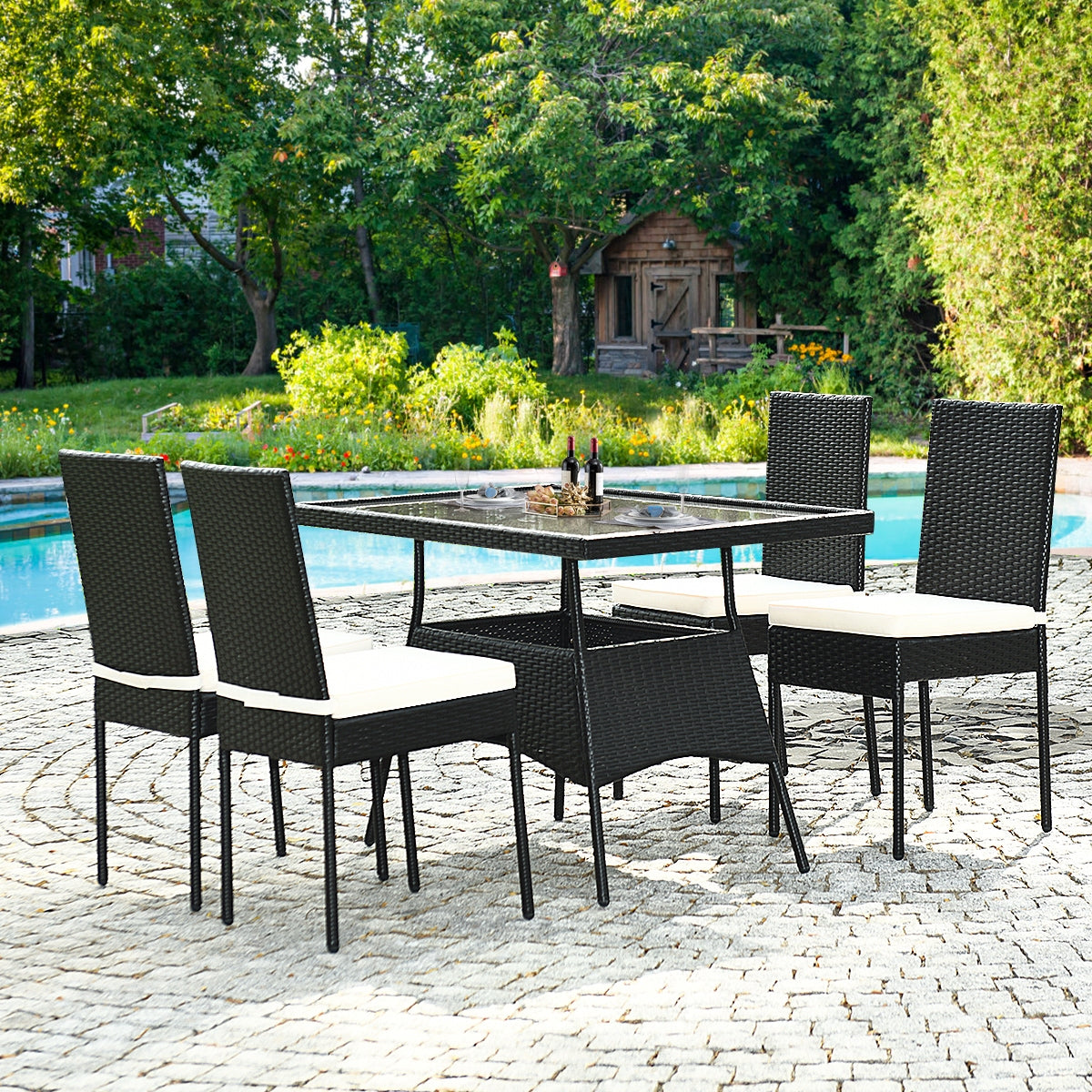 5-Piece Rattan Patio Dining Set with Glass Top & Cushions