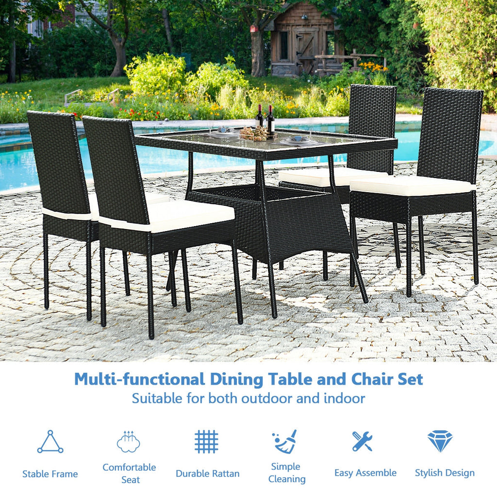 5-Piece Rattan Patio Dining Set with Glass Top & Cushions