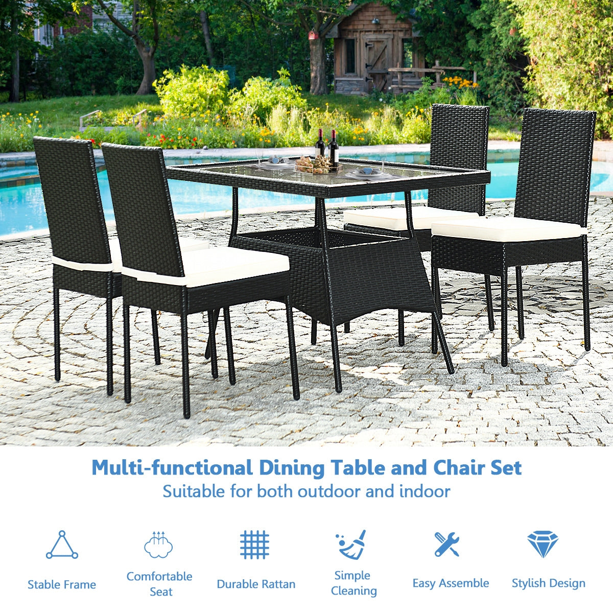 5-Piece Rattan Patio Dining Set with Glass Top & Cushions