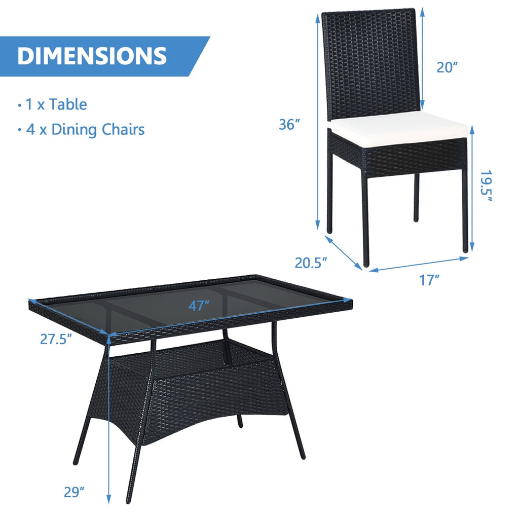5-Piece Rattan Patio Dining Set with Glass Top & Cushions