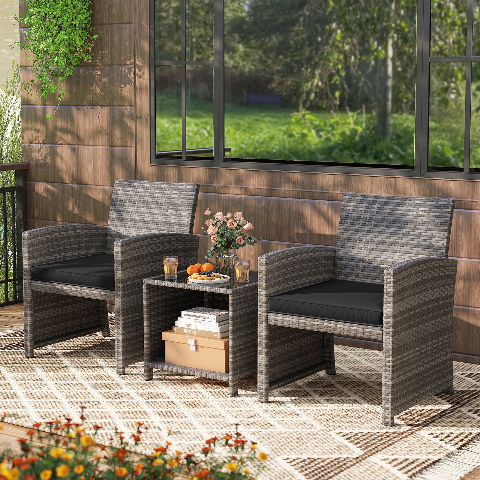 3 Pieces Patio Furniture Set with Tempered Glass Coffee Table and Soft Seat Cushions
