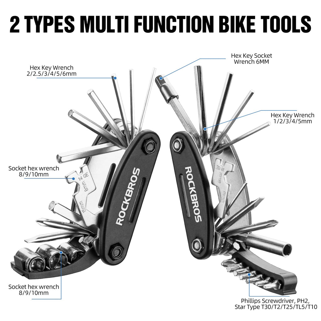ROCKBROS Bike Foldable Repair Kit 16-in-1 Multi-Function Portable Allen Wrench and Tire Lever