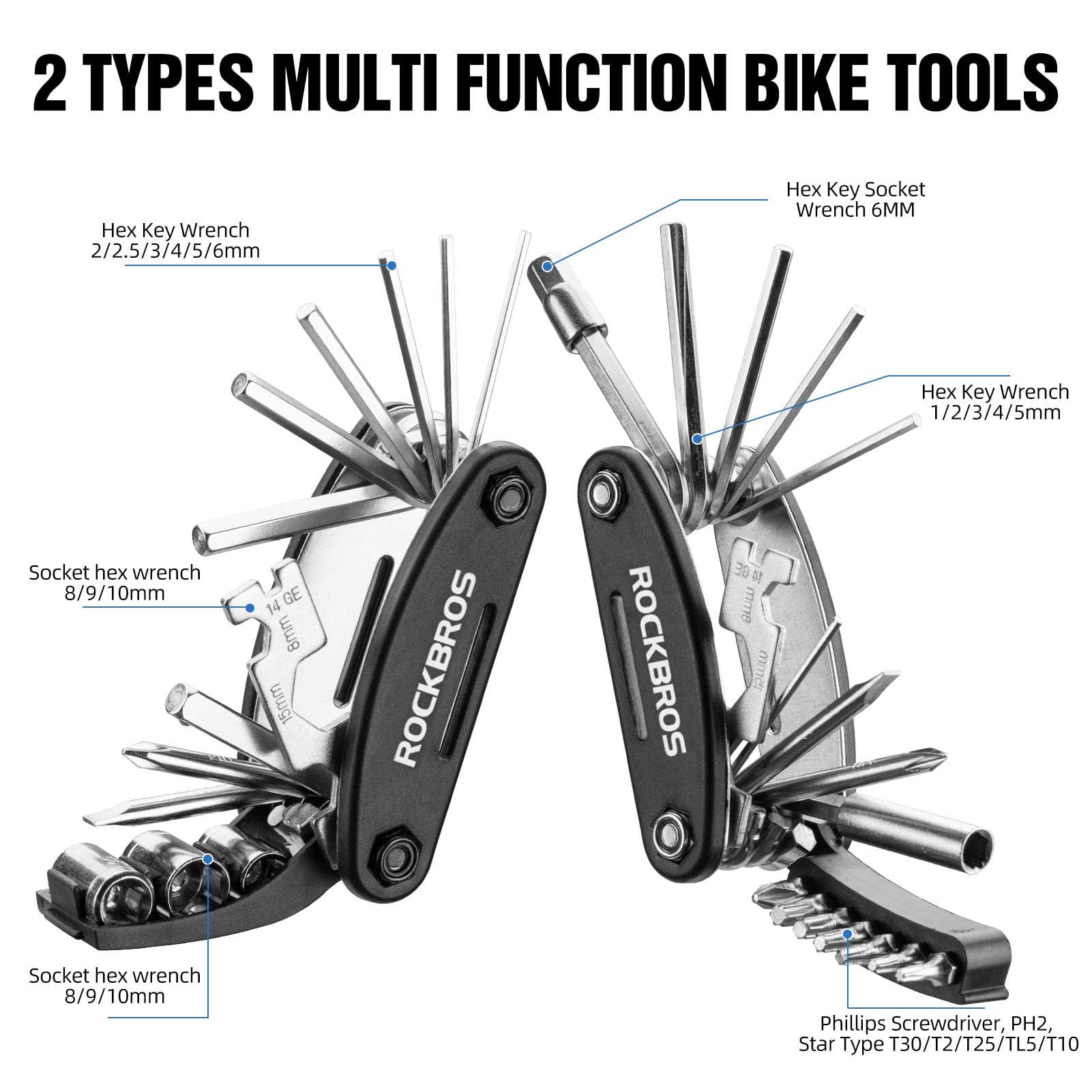 ROCKBROS Bike Foldable Repair Kit 16-in-1 Multi-Function Portable Allen Wrench and Tire Lever