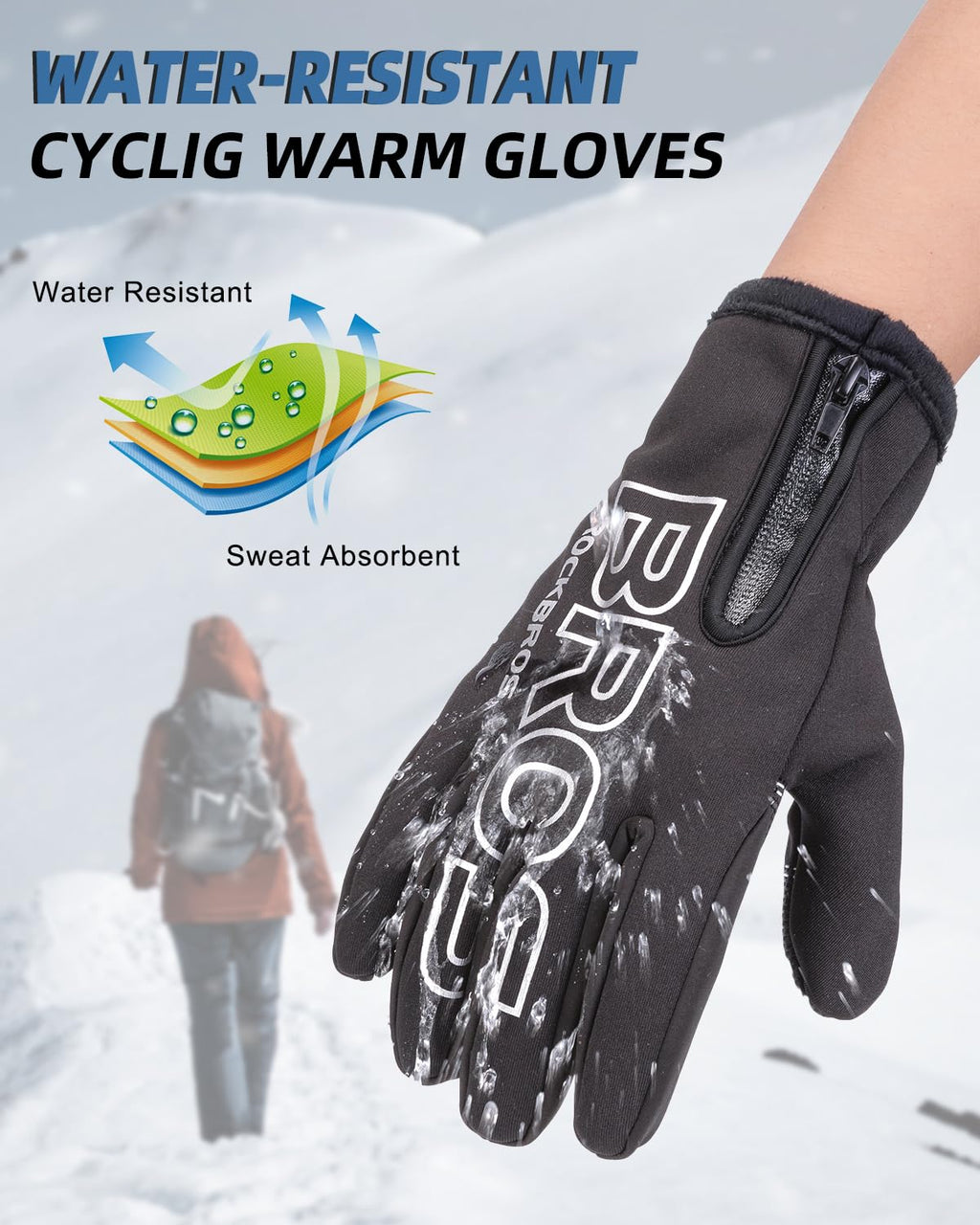 ROCKBROS Winter Cycling Gloves, Water-Resistant, Touch Screen, Anti-Slip Full Finger Gloves