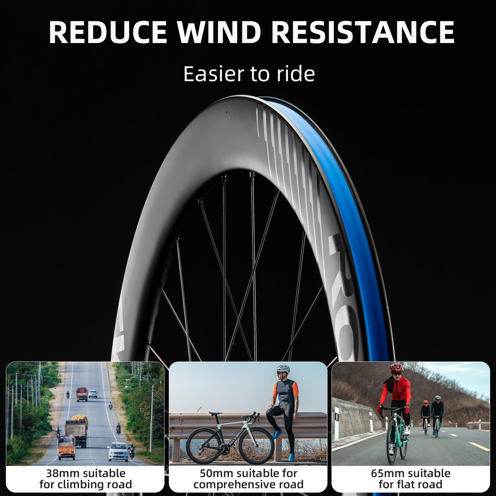 ROCKBROS 700c Carbon Fiber Disc Rim 38/50/65 mm  1.6-1.7 kg Clincher Wheelset