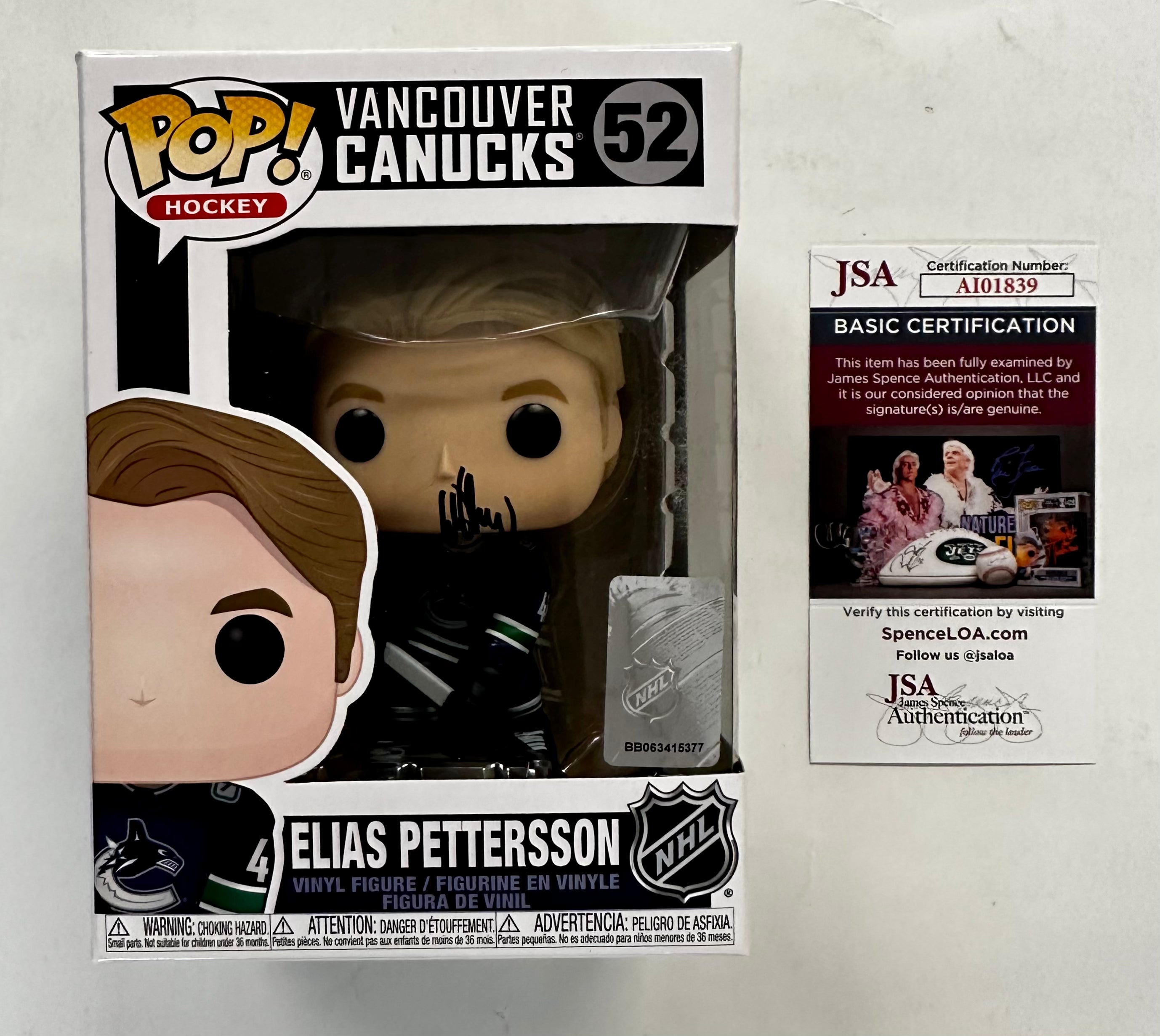 Elias Pettersson Signed Vancouver Canucks Funko Pop! #52 With JSA COA NHL Hockey