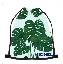 Personalized Tropical Leaf Drawstring Bag with Custom Name – Monstera Design Gift for Kids & Adults