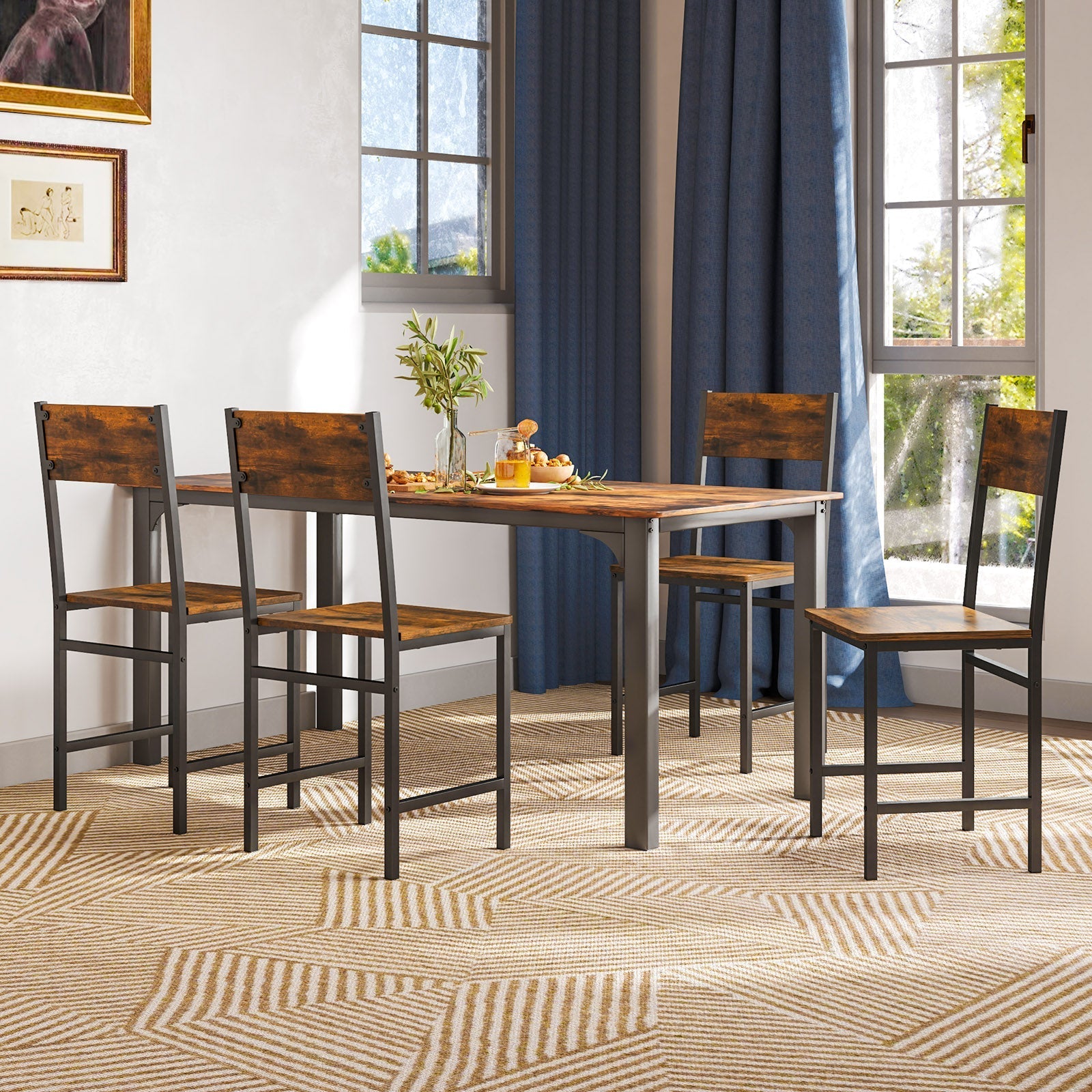 Industrial Kitchen Side Chairs Set of 2 with Metal Legs and Slanted Back-Rustic Brown