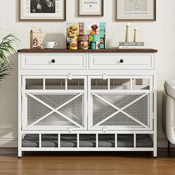 IRONCK 44 inch Large Dog Crate Furniture, Wooden Dog Kennel with Storage Drawers for Medium/Large Dogs, Decorative Dogs Kennel Indoor, White and Walnut - PhishStones Products