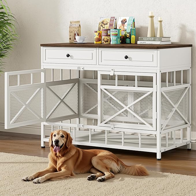 IRONCK 44 inch Large Dog Crate Furniture, Wooden Dog Kennel with Storage Drawers for Medium/Large Dogs, Decorative Dogs Kennel Indoor, White and Walnut - PhishStones Products