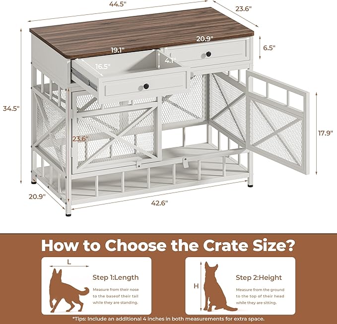 IRONCK 44 inch Large Dog Crate Furniture, Wooden Dog Kennel with Storage Drawers for Medium/Large Dogs, Decorative Dogs Kennel Indoor, White and Walnut - PhishStones Products