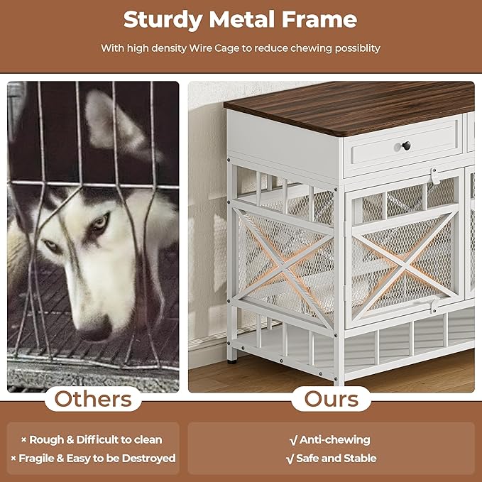 IRONCK 44 inch Large Dog Crate Furniture, Wooden Dog Kennel with Storage Drawers for Medium/Large Dogs, Decorative Dogs Kennel Indoor, White and Walnut - PhishStones Products